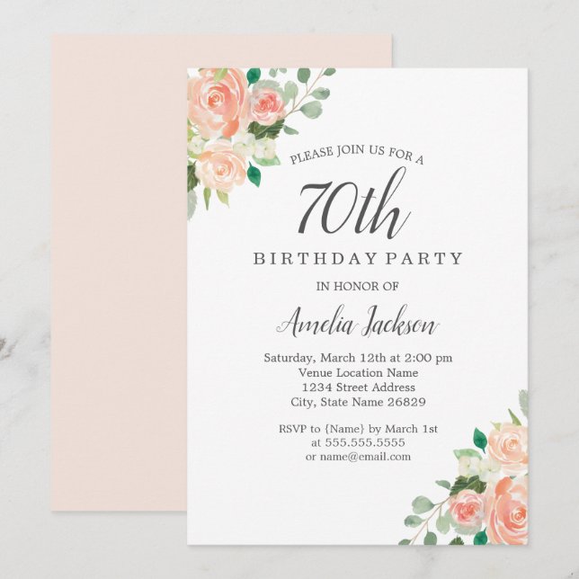 Invitation Fête d'anniversaire de 70 ans Peach Blush aquarell (Devant / Derrière)