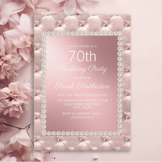 Invitation Fête d'anniversaire de 70 ans rose pâle élégant bl (Elegant pink tufted women's 70th birthday party invitation)