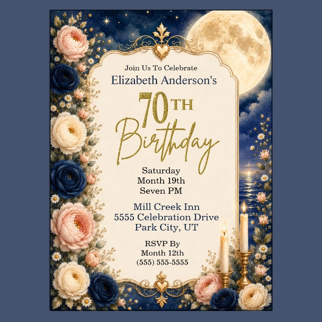 Invitation Fête d'anniversaire de 70 ans sous la lune Pretty  (Pretty Moonlit Water Peony Floral 70th Birthday Invitation For Women.)
