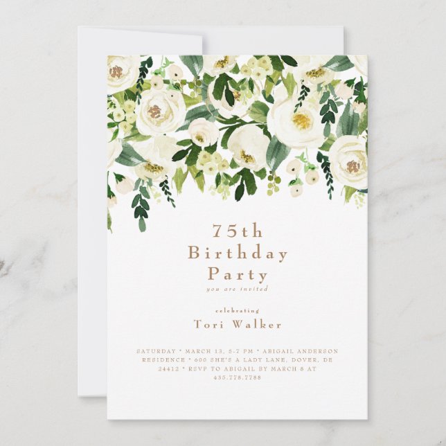 Invitation Fête d'anniversaire de 75 ans à fleurs blanches en (Devant)