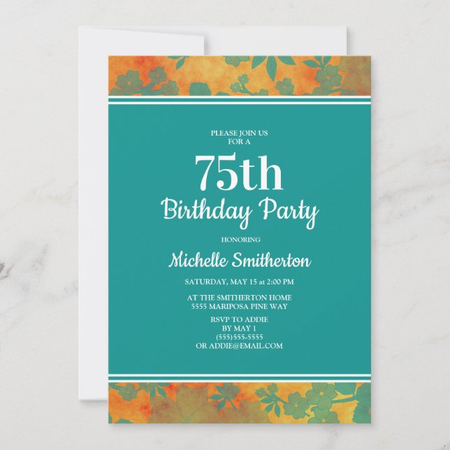 Invitation Fête d'anniversaire de 75 ans aux fleurs orange et (Devant)