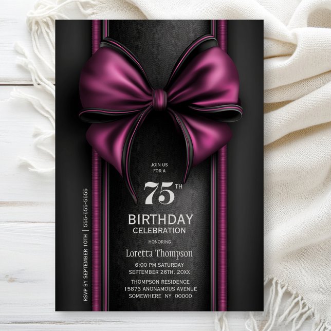 Invitation Fête d'anniversaire de 75 ans avec un nœud rose él (Créateur téléchargé)