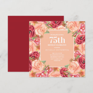 Invitation Fête d'anniversaire de 75 ans élégante rouge rose