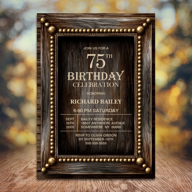 Invitation Fête d'anniversaire de 75 ans en bois rustique (Créateur téléchargé)