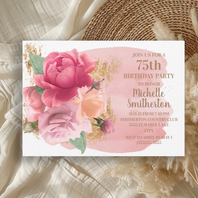 Invitation Fête d'anniversaire de 75 ans Fleurs roses Paillet (Elegant pink roses and gold glitter 75th birthday party invitation)