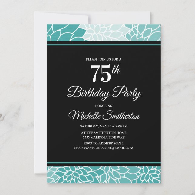 Invitation Fête d'anniversaire de 75 ans Teal White Floral (Devant)