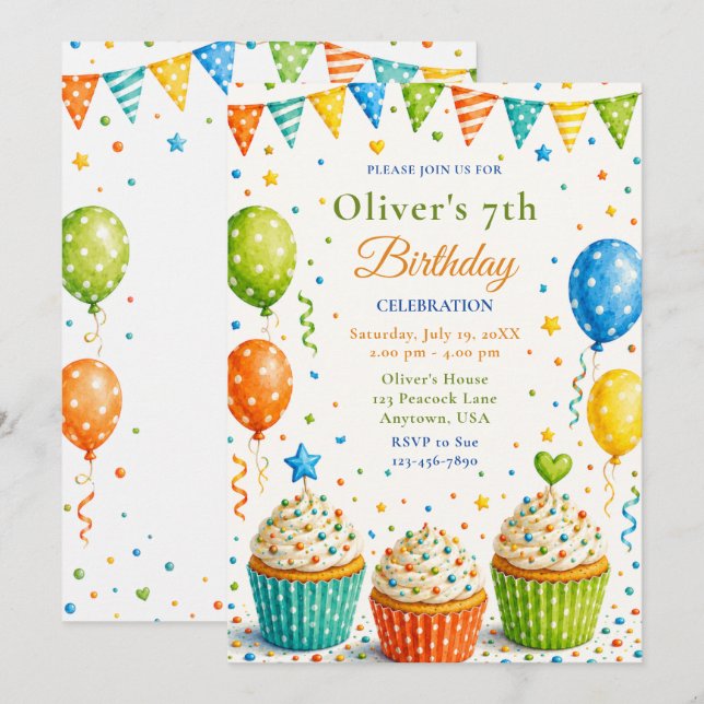 Invitation Fête d'anniversaire de 7 ans avec Cupcake Neutre e (Devant / Derrière)