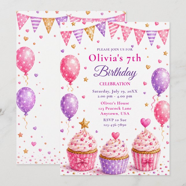 Invitation Fête d'anniversaire de 7 ans avec Cupcake Rose (Devant / Derrière)