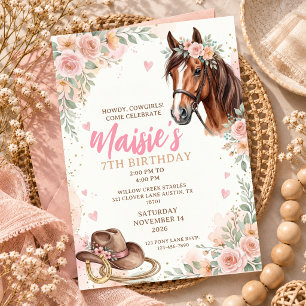 Invitation Fête d'anniversaire de 7 ans Cowgirl Riding Rustiq