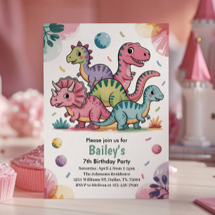 Invitation Fête d'anniversaire de 7 ans de dinosaure rose mig