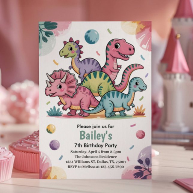Invitation Fête d'anniversaire de 7 ans de dinosaure rose mig (Créateur téléchargé)