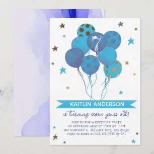 Invitation Fête d'anniversaire de 7 ans Fille Ballons Aquarel