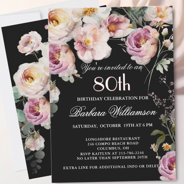Invitation *Fête d'anniversaire de 80 ans aux fleurs peintes  (Créateur téléchargé)