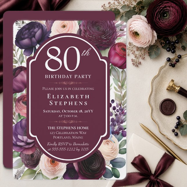 Invitation Fête d'anniversaire de 80 ans aux Ranunculus Flora (Rich wine and plum ranunculus create an elegant floral 80th birthday celebration.)