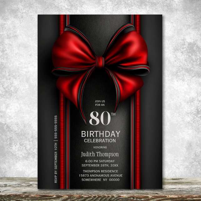 Invitation Fête d'anniversaire de 80 ans avec un nœud rouge é (Créateur téléchargé)