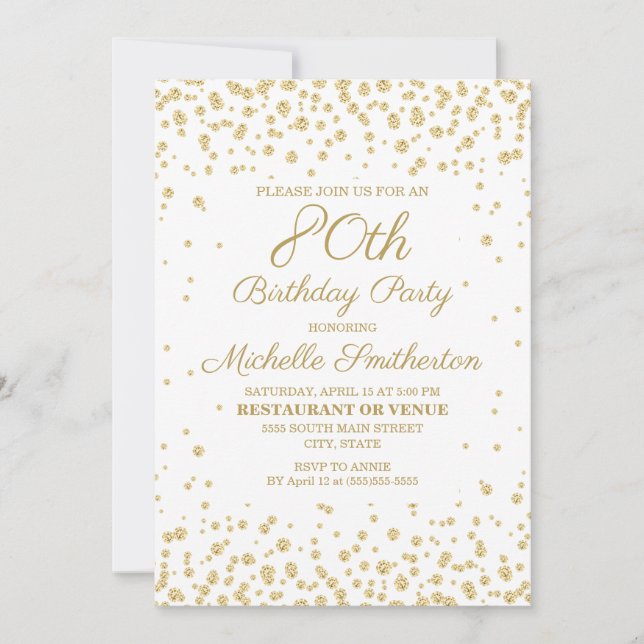 Invitation Fête d'anniversaire de 80 ans Blanc avec Paillette (Devant)