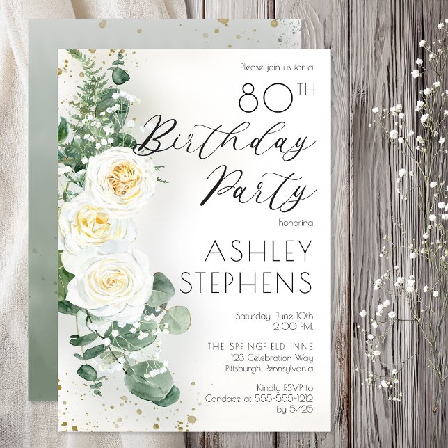 Invitation Fête d'anniversaire de 80 ans Boho Roses blanches  (80th Birthday Party Elegant White Rose Eucalyptus Floral --Print | Digital Download)