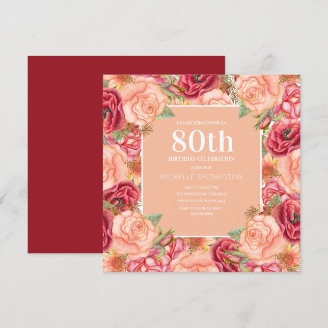Invitation Fête d'anniversaire de 80 ans élégante rose rouge  (Devant / Derrière)