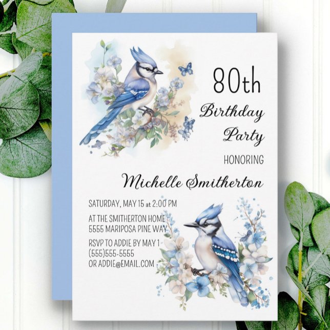Invitation Fête d'anniversaire de 80 ans Geai bleu Fleurs Pri (Créateur téléchargé)