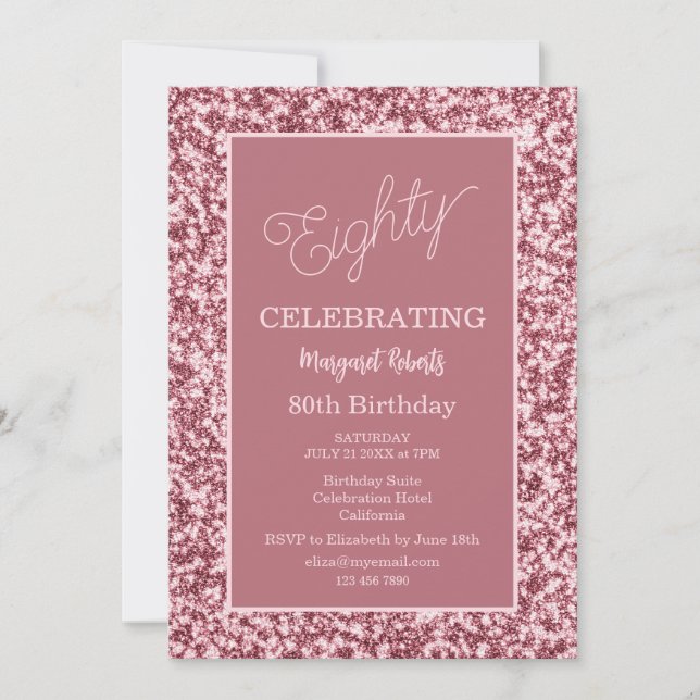 Invitation Fête d'anniversaire de 80 ans Rose Gold Glitter (Devant)