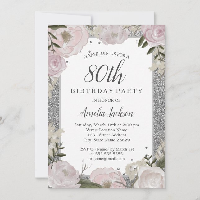 Invitation Fête d'anniversaire de 80 ans Sparkle Rose Fleur A (Devant)