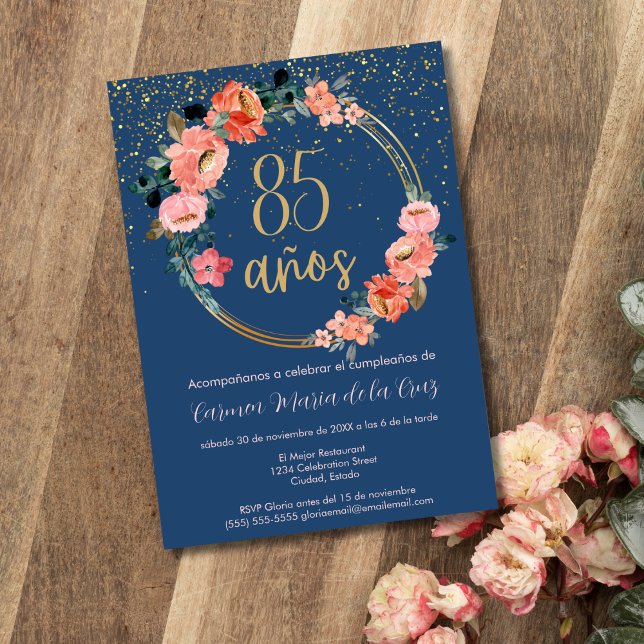 Invitation Fête d'anniversaire de 85 ans aux fleurs espagnole (Créateur téléchargé)