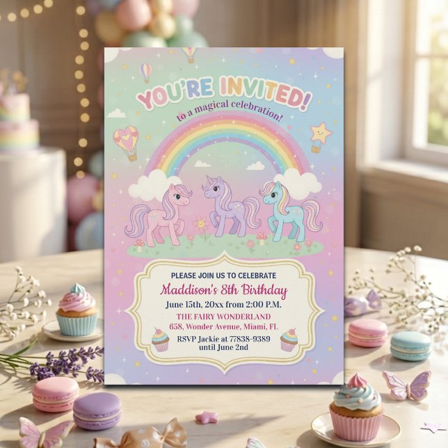 Invitation Fête d'anniversaire de 8 ans avec des poneys et un (Créateur téléchargé)