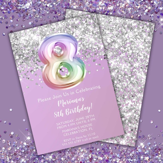 Invitation Fête d'anniversaire de 8 ans de la fille paillette (Créateur téléchargé)