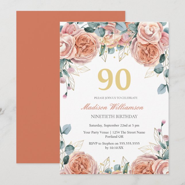 Invitation Fête d'anniversaire de 90 ans aux fleurs de roses  (Devant / Derrière)