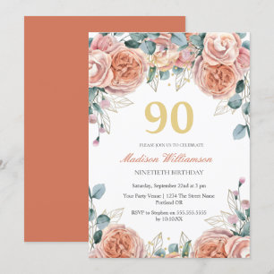 Invitation Fête d'anniversaire de 90 ans aux fleurs de roses 