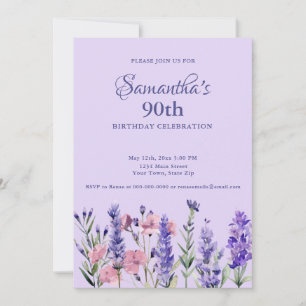 Invitation Fête d'anniversaire de 90 ans aux fleurs violettes