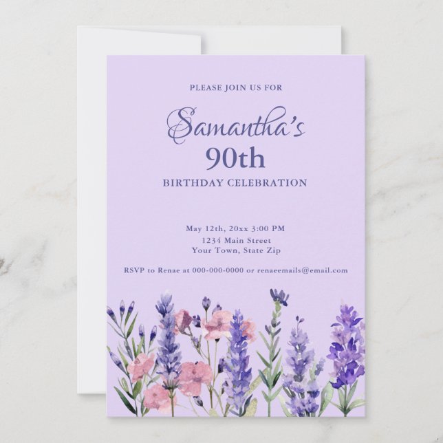 Invitation Fête d'anniversaire de 90 ans aux fleurs violettes (Devant)