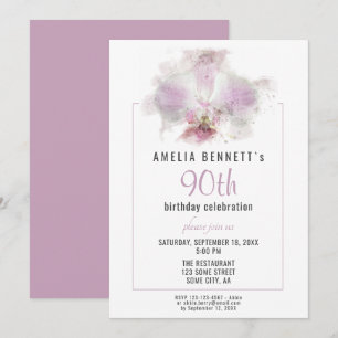 Invitation Fête d'anniversaire de 90 ans avec orchidée rose a