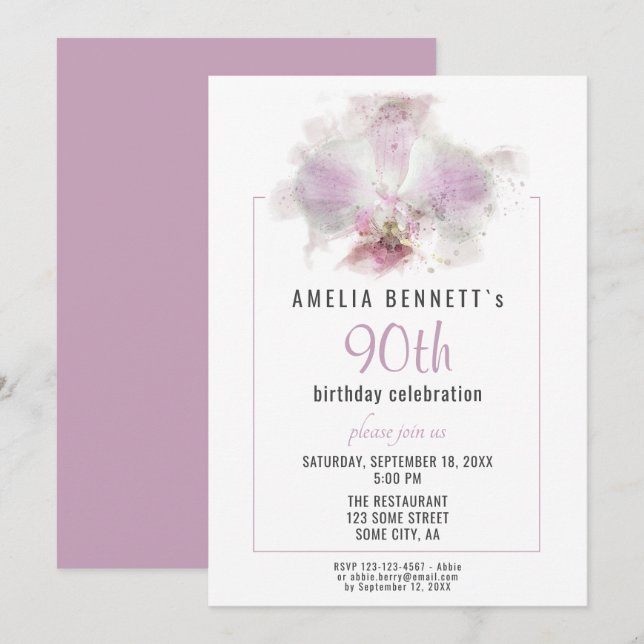 Invitation Fête d'anniversaire de 90 ans avec orchidée rose a (Devant / Derrière)