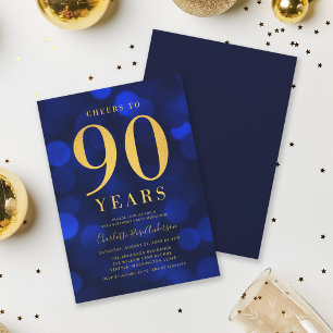 Invitation Fête d'anniversaire de 90 ans Blue Bokeh Gold Chee
