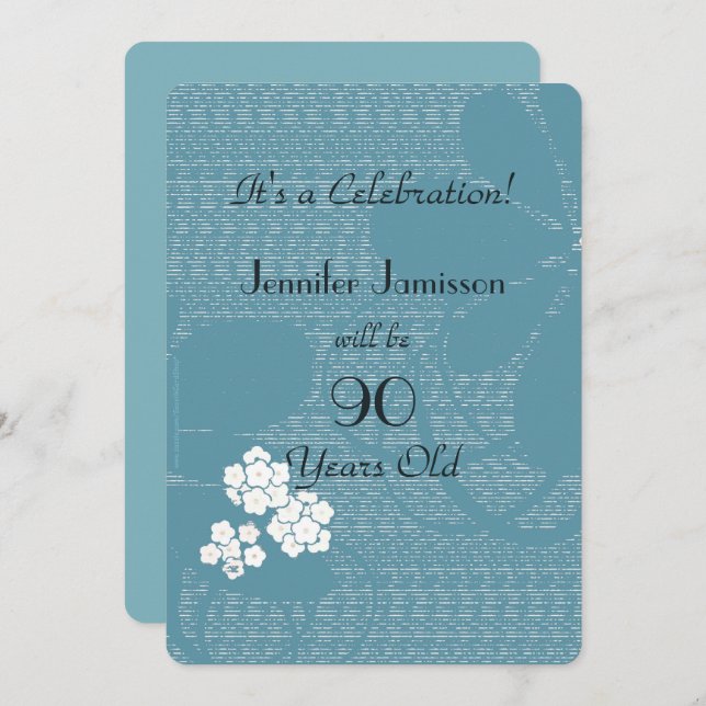 Invitation Fête d'anniversaire de 90 ans Blue Floral (Devant / Derrière)