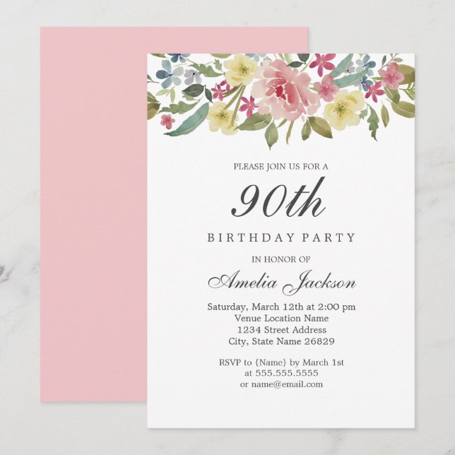 Invitation Fête d'anniversaire de 90 ans Blush Botanical Wate (Devant / Derrière)