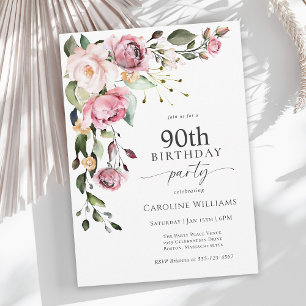 Invitation Fête d'anniversaire de 90 ans Bohème Rose Aquarell