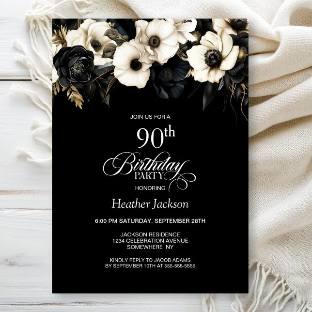 Invitation Fête d'anniversaire de 90 ans élégante à fleurs no (Créateur téléchargé)