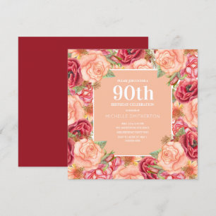 Invitation Fête d'anniversaire de 90 ans élégante rouge rose