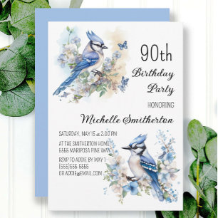 Invitation Fête d'anniversaire de 90 ans Geai bleu Fleurs Pri