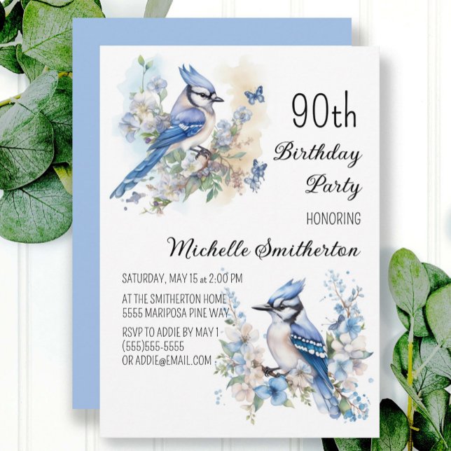 Invitation Fête d'anniversaire de 90 ans Geai bleu Fleurs Pri (Créateur téléchargé)