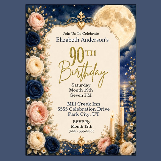 Invitation Fête d'anniversaire de 90 ans Pretty Moonlit Water (Pretty Moonlit Water Peony Floral 90th Birthday Invitation For Women.)