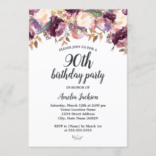 Invitation Fête d'anniversaire de 90 ans Watercolor Floral Pu