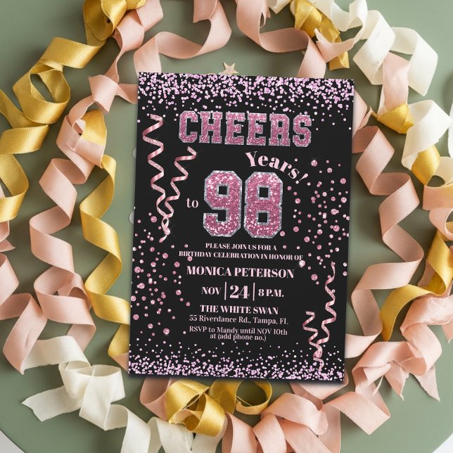 Invitation Fête d'anniversaire de 98 ans avec strass rose sci (Créateur téléchargé)