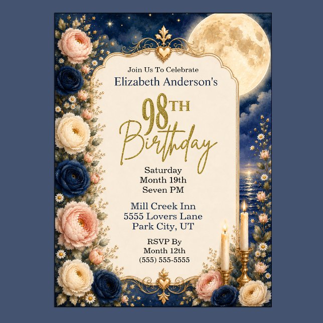 Invitation Fête d'anniversaire de 98 ans Pretty Moonlit Water (Pretty Moonlit Water Peony Floral 98th Birthday Invitation For Women.)