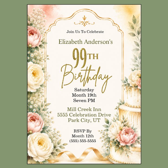 Invitation Fête d'anniversaire de 99 ans de la belle pivoine (Beautiful Peony Flower 99th Birthday Invitation For Women.)