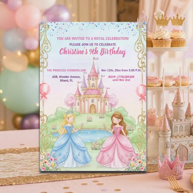 Invitation Fête d'anniversaire de 9 ans Château de Princesse  (Créateur téléchargé)