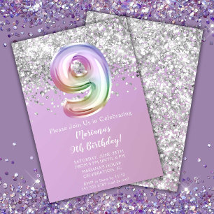 Invitation Fête d'anniversaire de 9 ans de la fille paillette