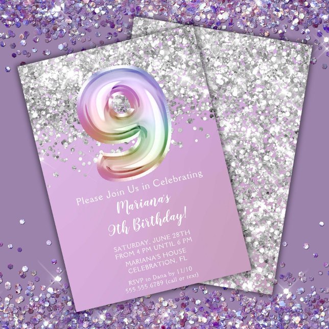 Invitation Fête d'anniversaire de 9 ans de la fille paillette (Créateur téléchargé)